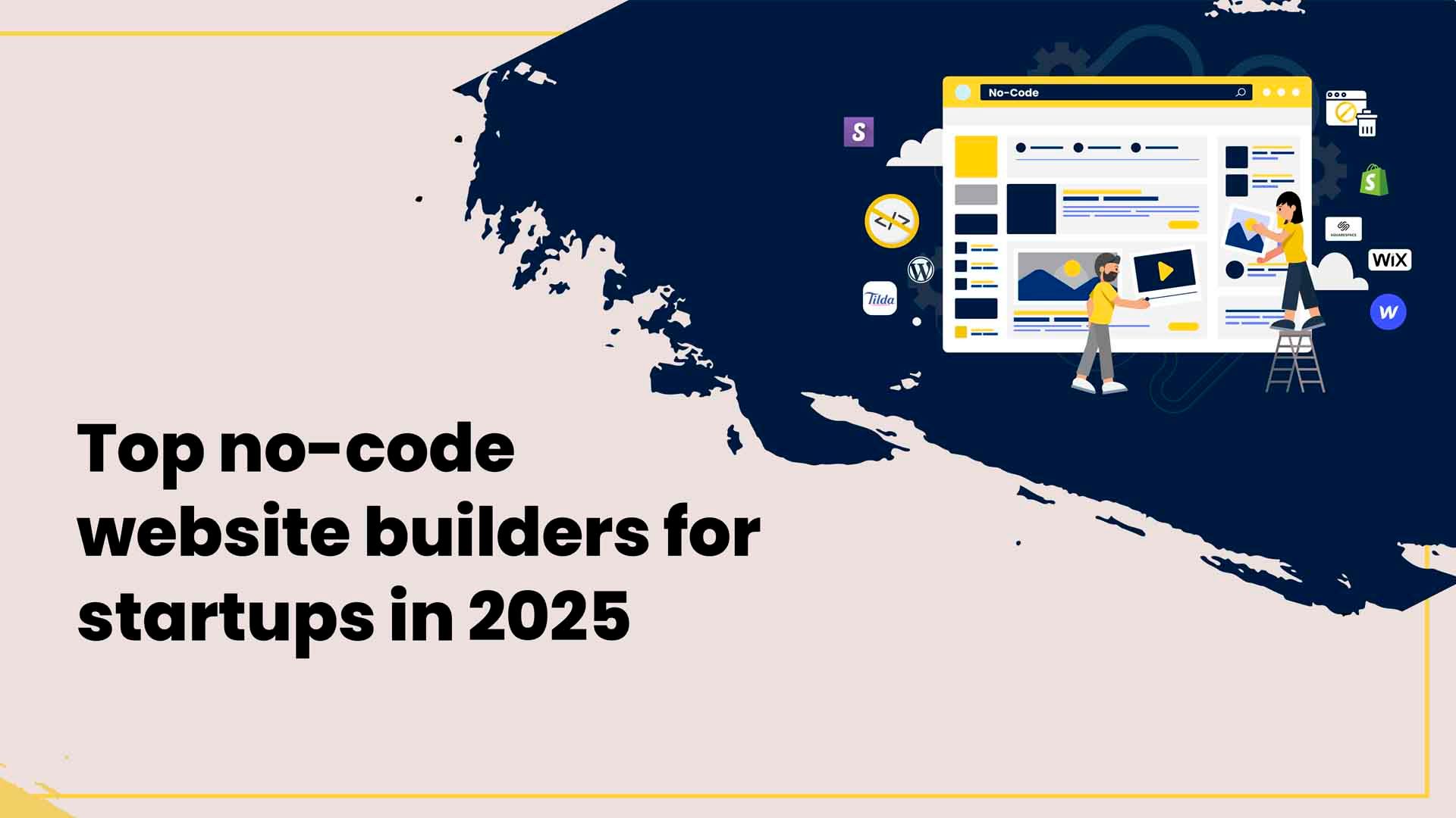 Collage of top no-code website builders for startups, including Webflow, Carrd, and more
