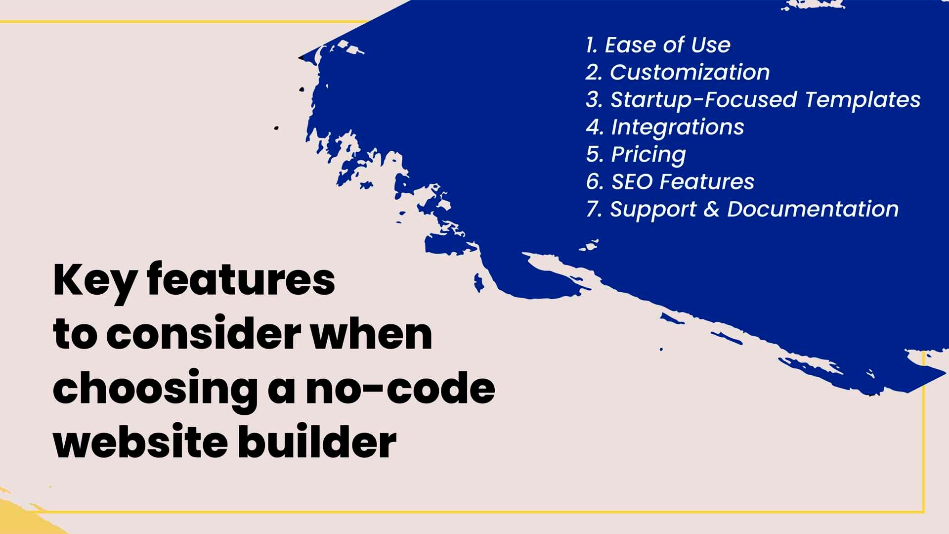 Comparison chart showing features of no-code website builders for startups