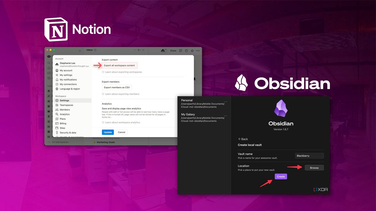 Conceptual image of Notion storing data in the cloud and Obsidian storing notes locally with full control.