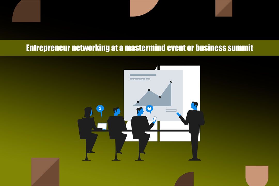 Entrepreneur networking at a mastermind event or business summit.