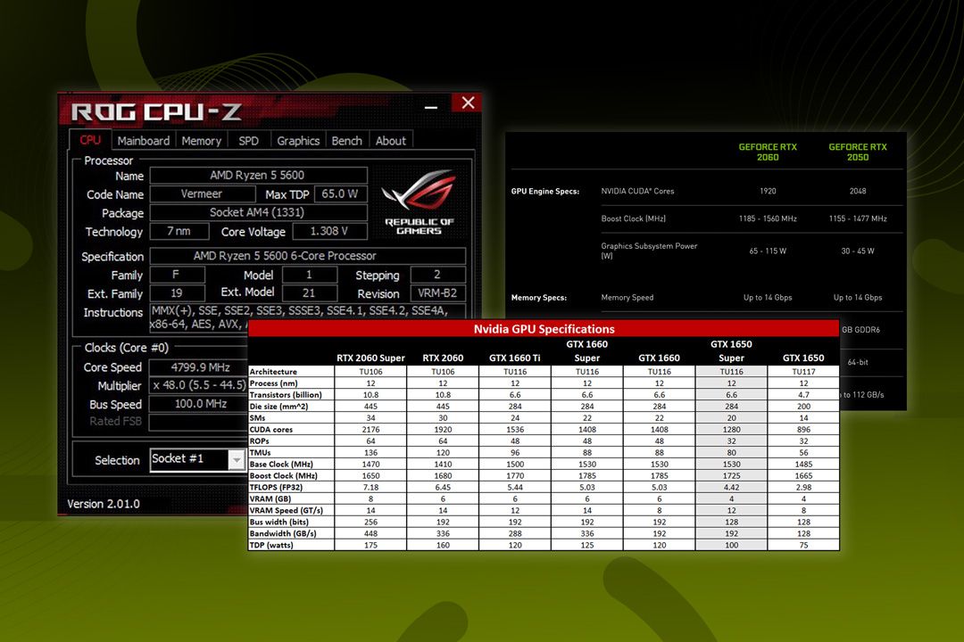 Key gaming laptop specs under $800, like Ryzen 5, GTX 1650, and RTX 2050, with compatible game genres