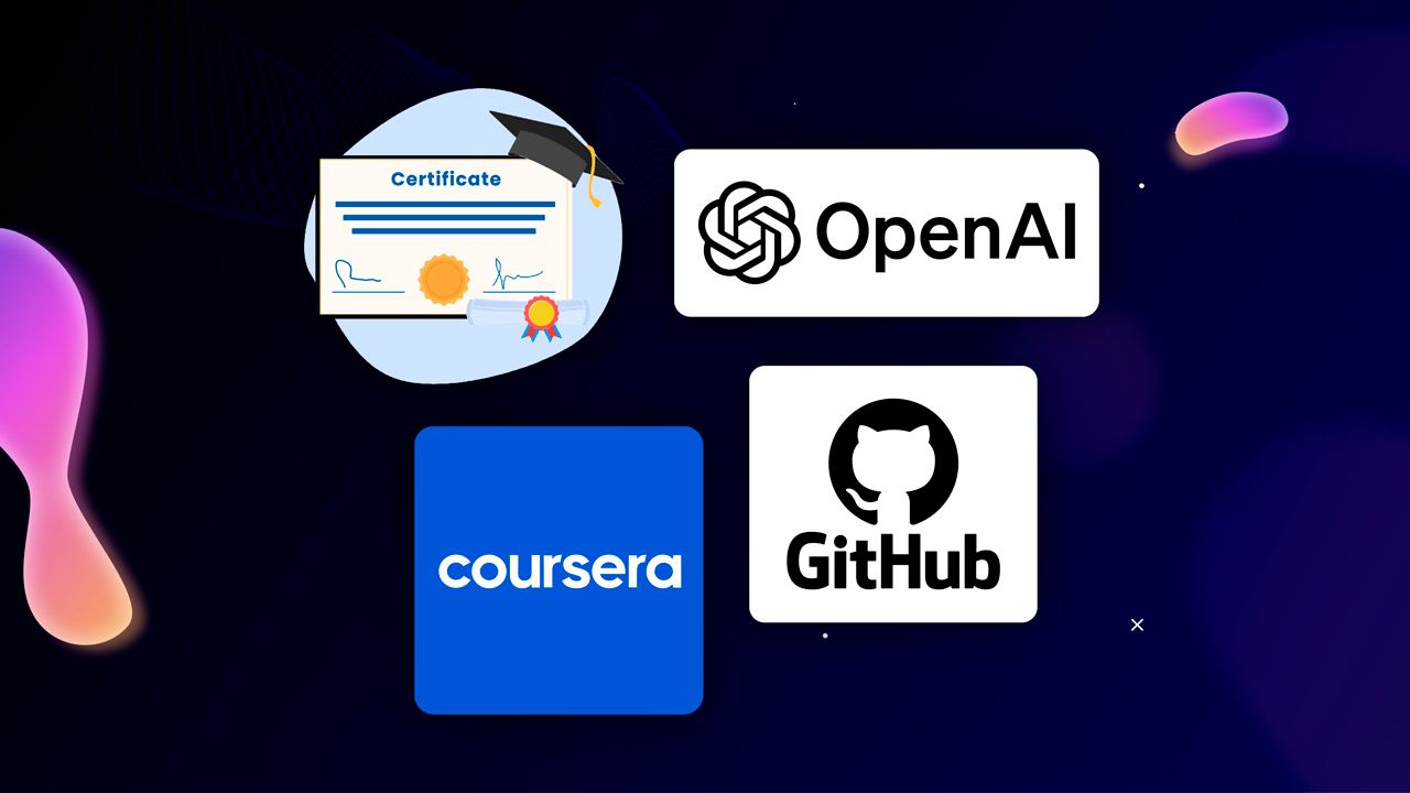  Logos of top platforms offering free prompt engineering certifications in 2025, such as Coursera, OpenAI, and GitHub