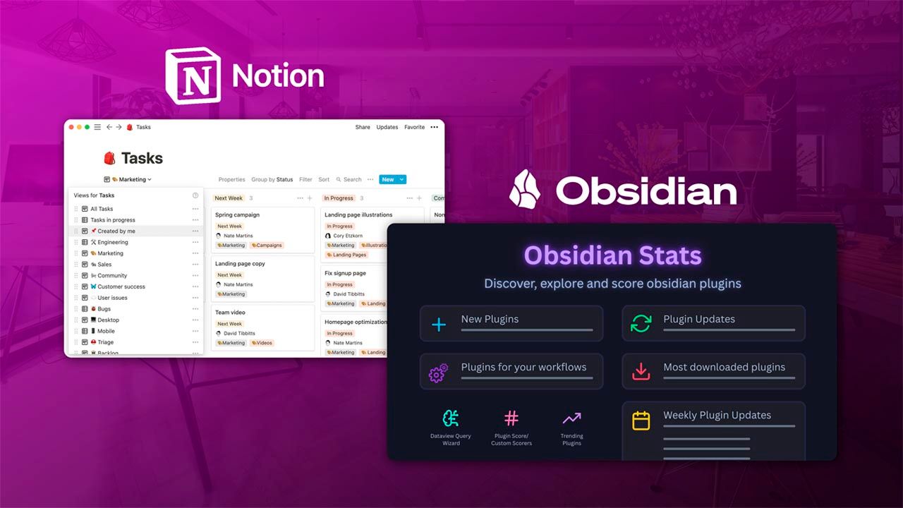 Notion’s built-in tools vs Obsidian’s customizable plugin-rich interface.