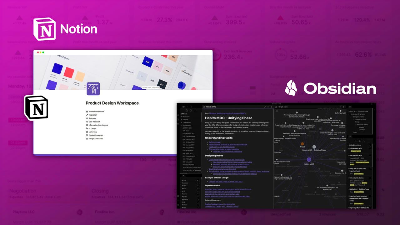 User interface comparison showing Notion's visual block system and Obsidian’s minimalist writing environment.
