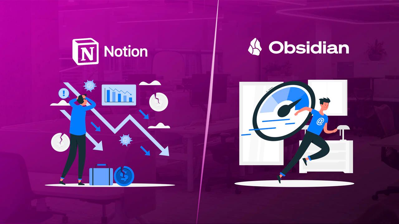 Visual representation of Notion slowing down with big data vs Obsidian maintaining fast local performance.jpg